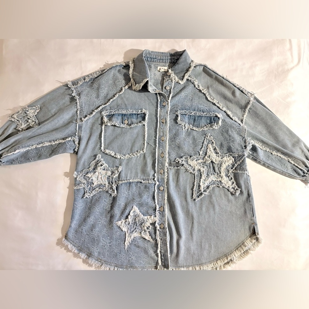 POL Textured Patchwork Star Denim Jacket Size Sma… - image 1